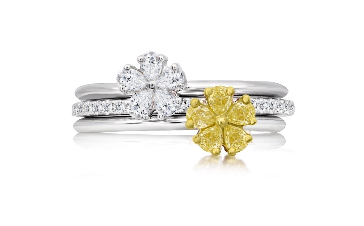 Natural Fancy Yellow and White Pear Diamond Stackable Rings Set