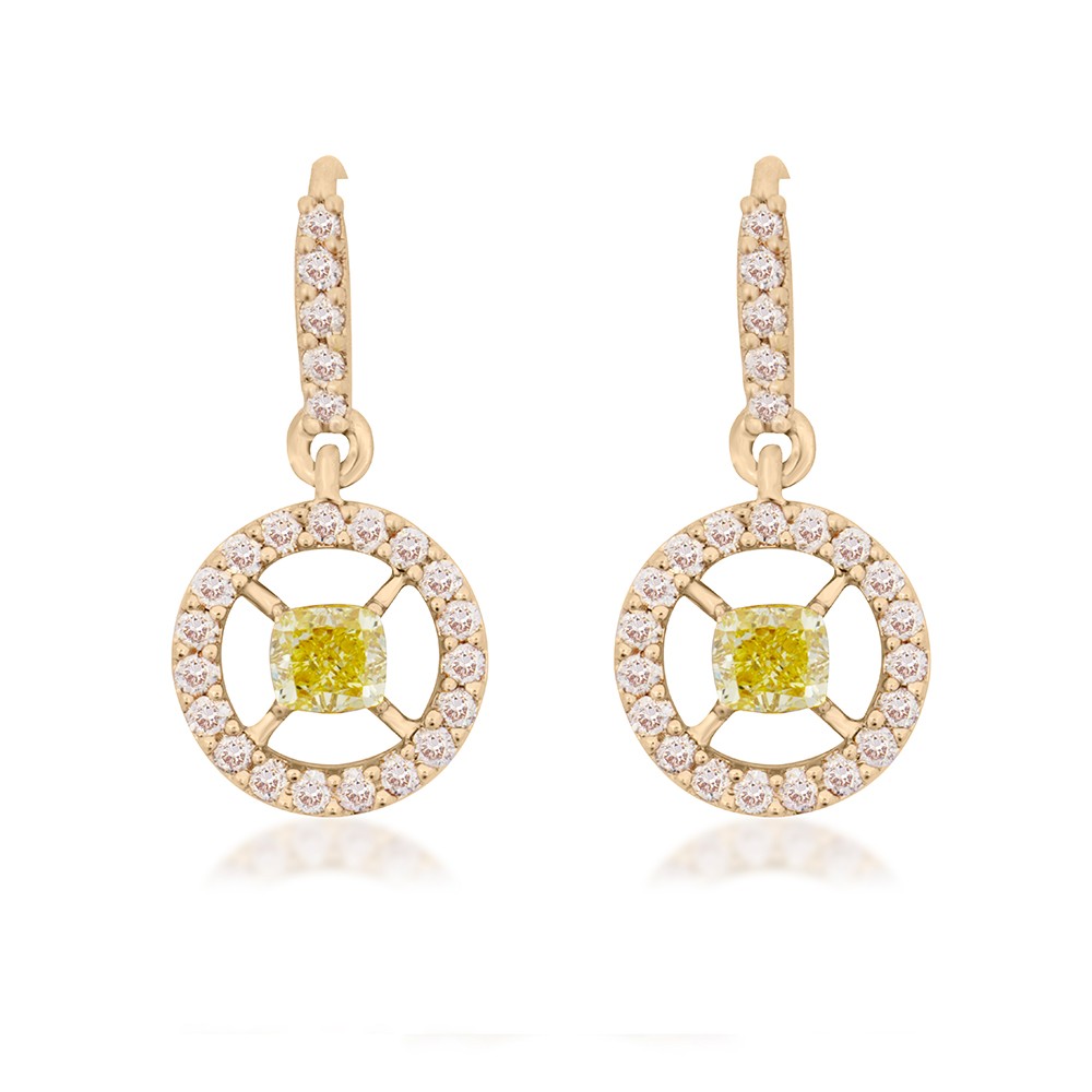 Urja Pandulum Natural Fancy Intense Yellow Cushion Diamond Earrings (0.68Ct TW)