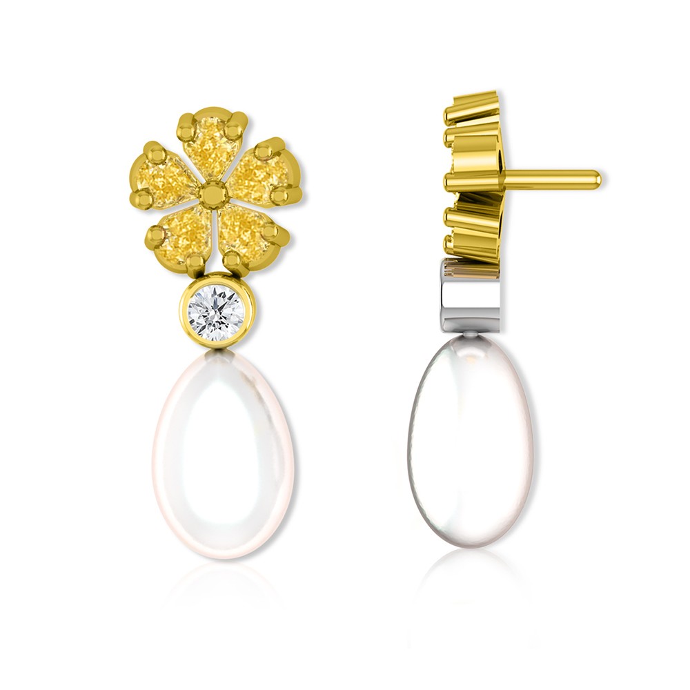 Natural Fancy Yellow Flower Diamond Earrings with Semi-Precious White Pearl 