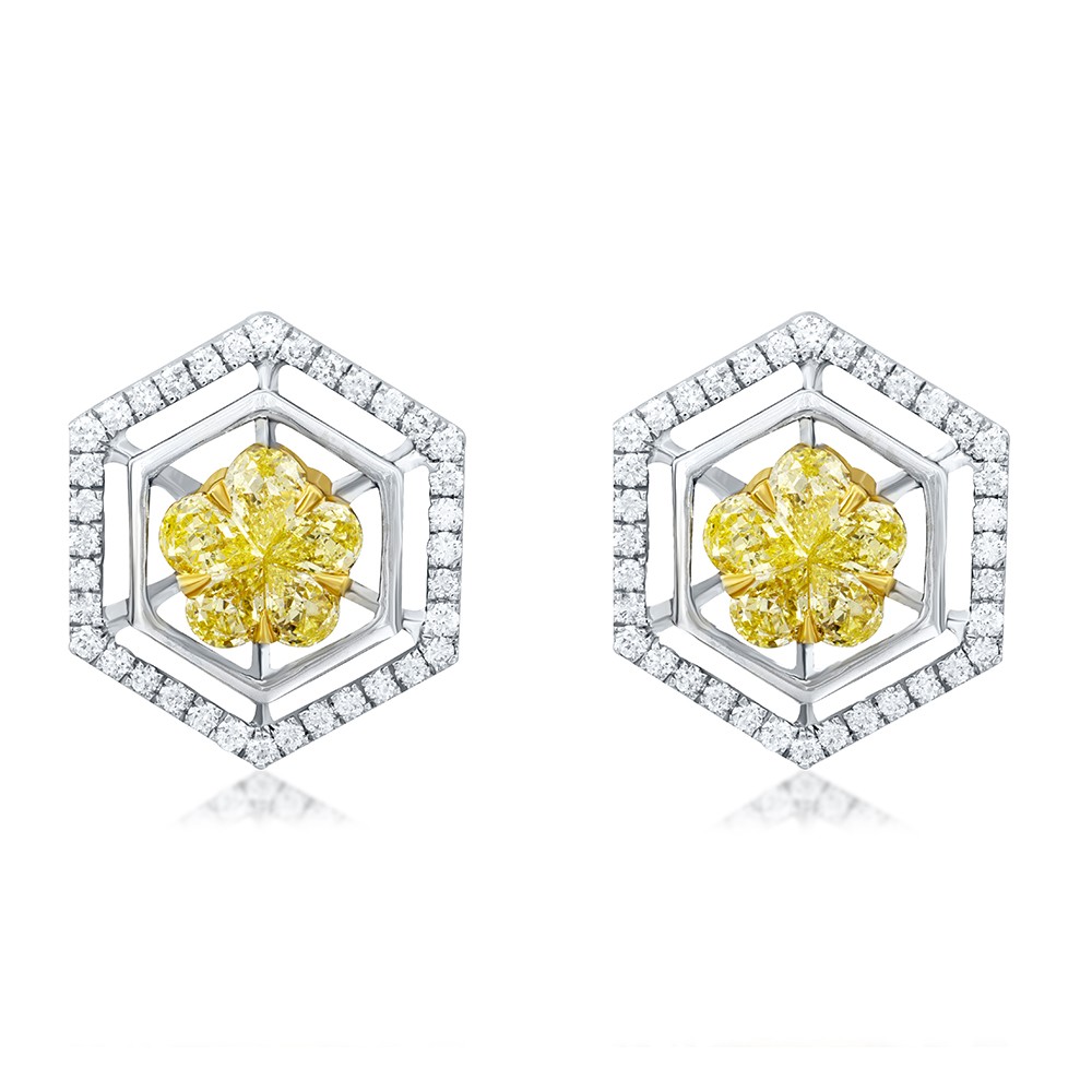 Natural Light Yellow Cluster Flower Diamond studs Hoop Earrings 