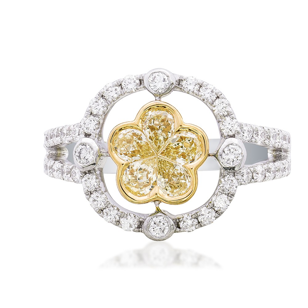 Natural Fancy Light Yellow Flower Halo Diamond Ring 