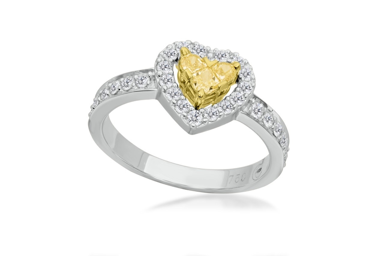 Heart Shaped Natural Fancy Yellow Halo Diamond Ring 