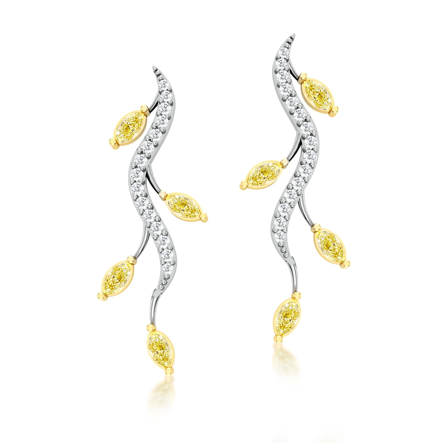 Natural Fancy Yellow Marquise & White Round Diamond Long Earrings