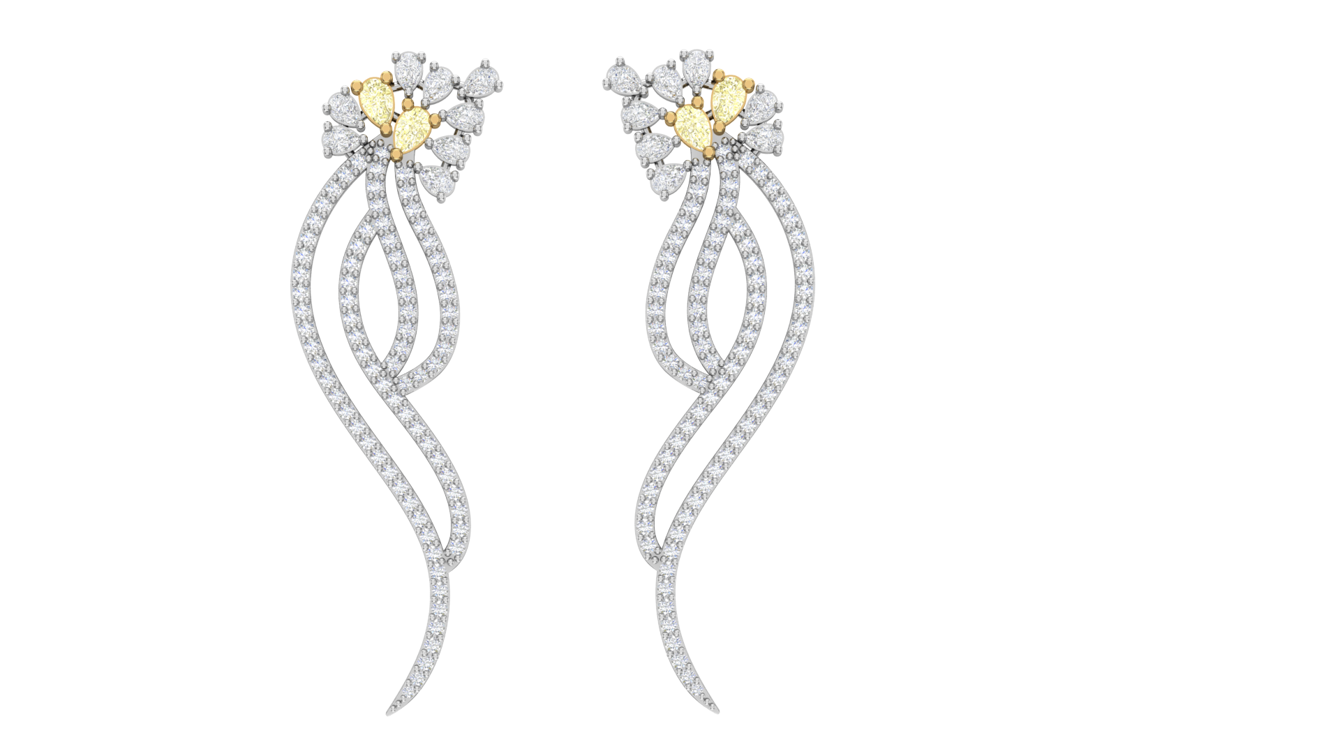 Fancy Light Yellow Natural Pear Round Diamond Long Earrings