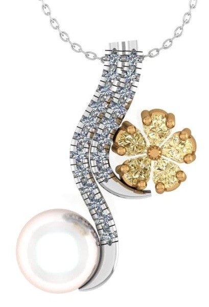 0.34 Cts Natural Fancy Light Yellow Flower Cluster Diamond and Pearl Pendant (4.525ct TW)