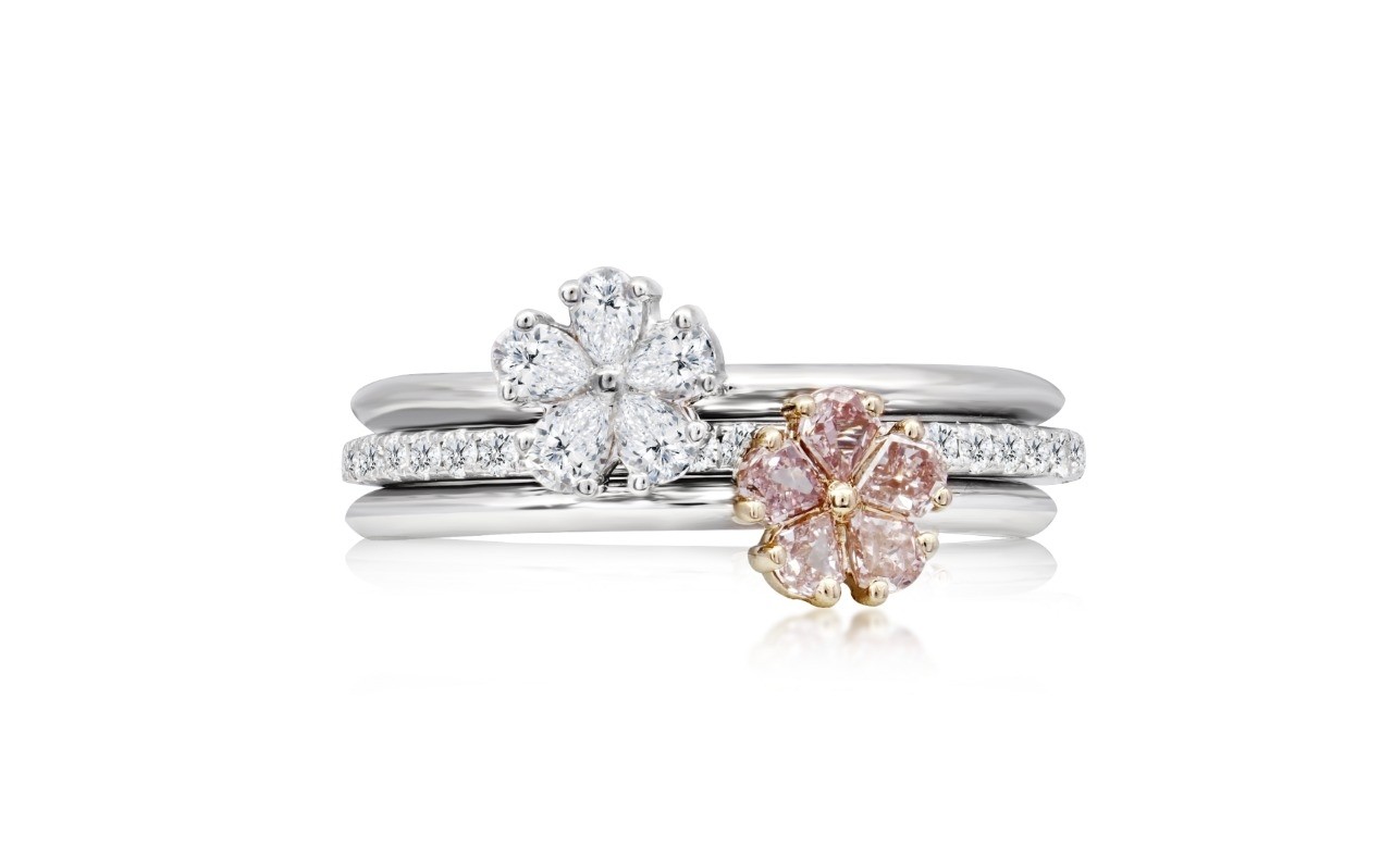 Natural Pink and White Pear Diamond stackable Rings