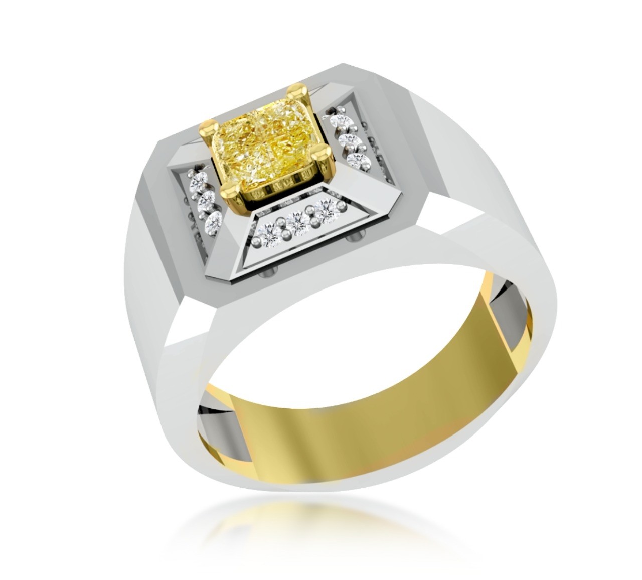  Cushion Illusion Cut Fancy Yellow Diamond Men's Ring