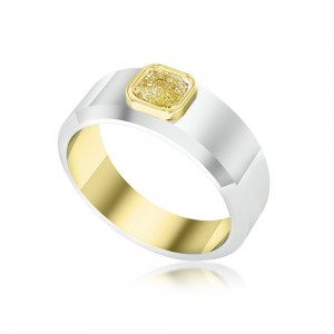 0.39 Carat Cushion Illusion Cut Fancy Yellow Diamond Mens Ring
