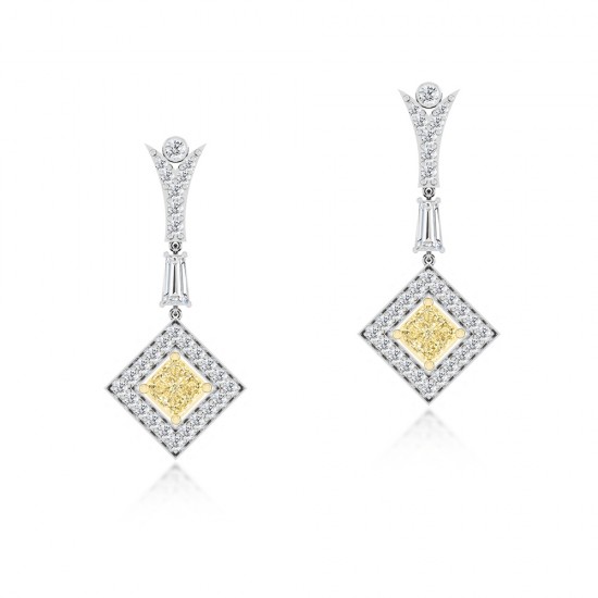 Cushion Fancy Light Yellow & White Baguette Long Dangler Diamond Earrings