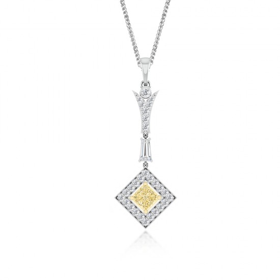 Cushion Fancy Light Yellow & White Baguette Diamond Long Dangler Pendant (0.873Ct TW)