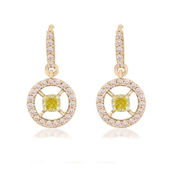 Urja Pandulum Natural Fancy Intense Yellow Cushion Diamond Earrings (0.68Ct TW)