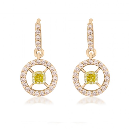 Urja Pandulum Natural Fancy Intense Yellow Cushion Diamond Earrings (0.68Ct TW)