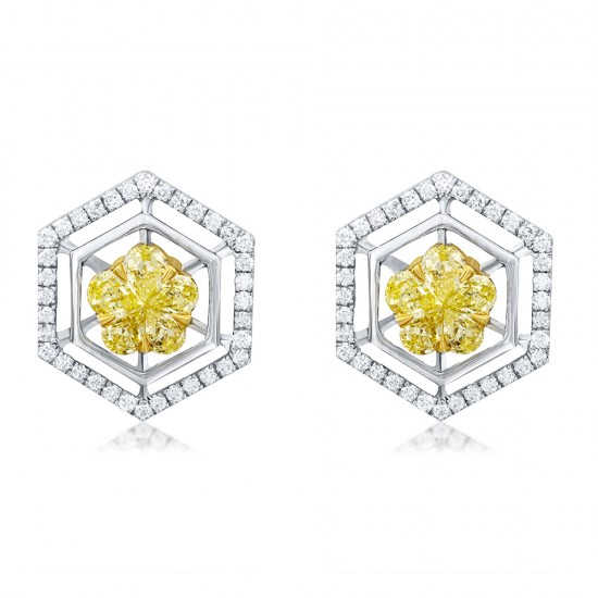 Natural Light Yellow Cluster Flower Diamond studs Hoop Earrings 