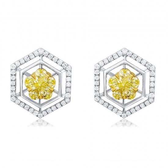 Natural Light Yellow Cluster Flower Diamond studs Hoop Earrings 