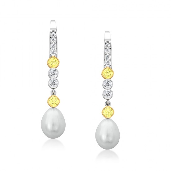 Natural Fancy Yellow Round Rose Cut Diamond Earrings with White Diamonds & Pearl (14.910Ct TW)