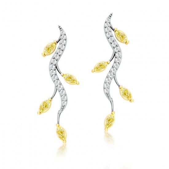 Natural Fancy Yellow Marquise & White Round Diamond Long Earrings